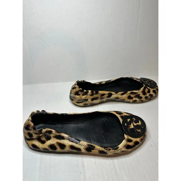 Tory Burch Logo Size 8 Minnie Travel Work Leopard Patent Leather Ballet Flats