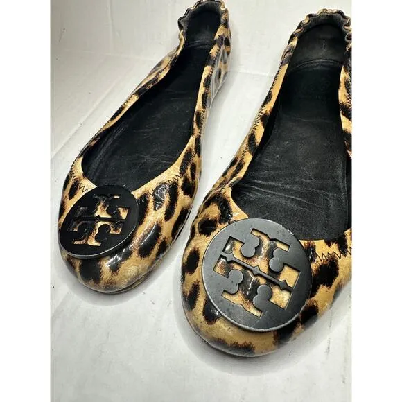 Tory Burch Logo Size 8 Minnie Travel Work Leopard Patent Leather Ballet Flats