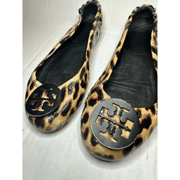 Tory Burch Logo Size 8 Minnie Travel Work Leopard Patent Leather Ballet Flats