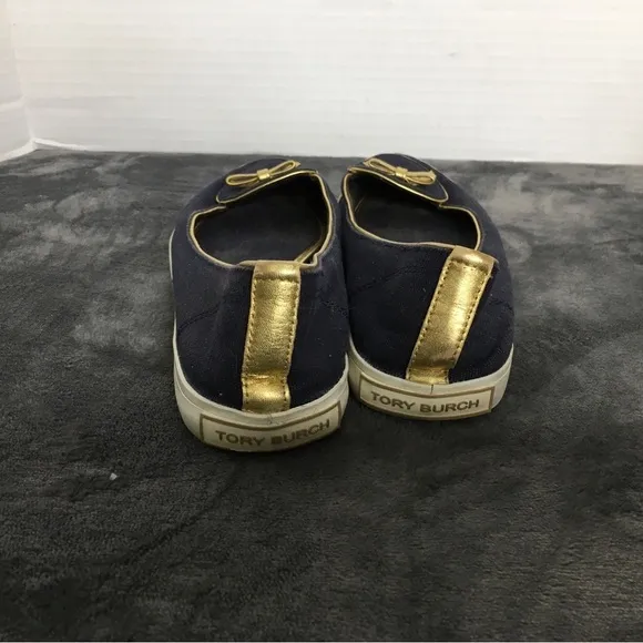 Tory Burch Marni Satin D’Orsay Flats Vintage Slip On Navy Blue With Bow READ