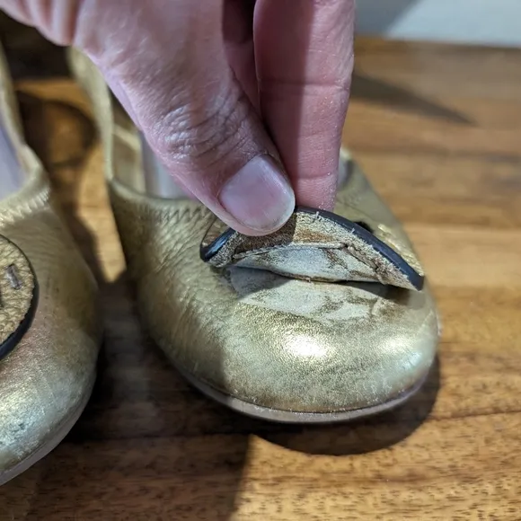 Tory Burch Metallic Gold Minnie‎ Travel Logo Ballet Flats Sz 8