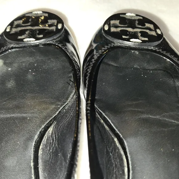 Tory Burch Minnie Ballet Flat Patent Black Leather Shoes Logo Size 8M