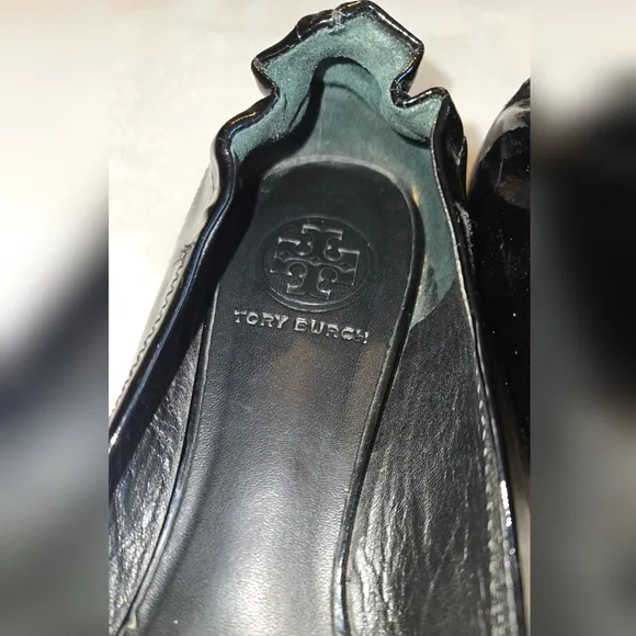 Tory Burch Minnie Ballet Flat Patent Black Leather Shoes Logo Size 8M