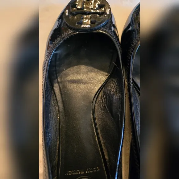Tory Burch Minnie Ballet Flat Patent Black Leather Shoes Logo Size 8M