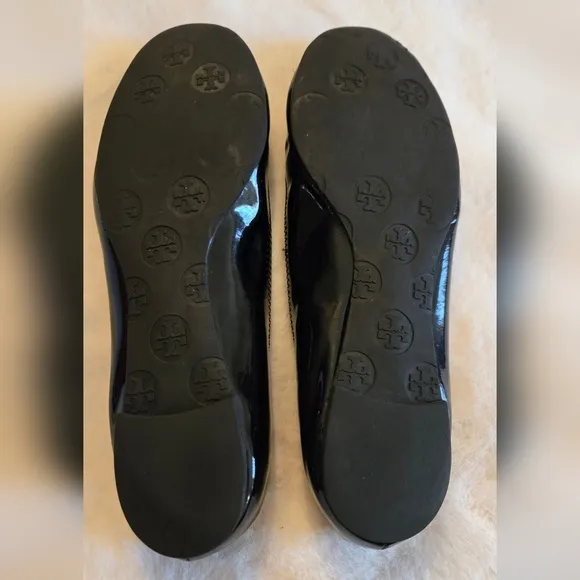 Tory Burch Minnie Ballet Flat Patent Black Leather Shoes Logo Size 8M