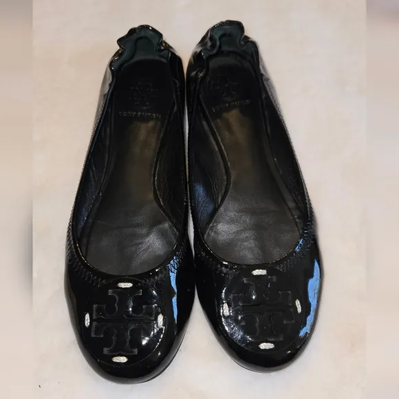 Tory Burch Minnie Ballet Flat Patent Black Leather Shoes Logo Size 8M
