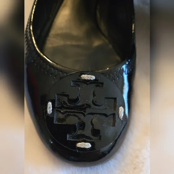 Tory Burch Minnie Ballet Flat Patent Black Leather Shoes Logo Size 8M