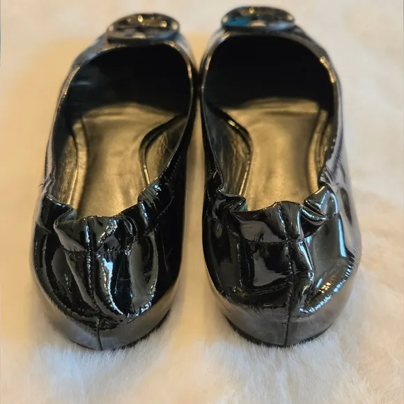 Tory Burch Minnie Ballet Flat Patent Black Leather Shoes Logo Size 8M
