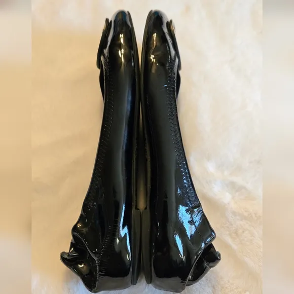 Tory Burch Minnie Ballet Flat Patent Black Leather Shoes Logo Size 8M