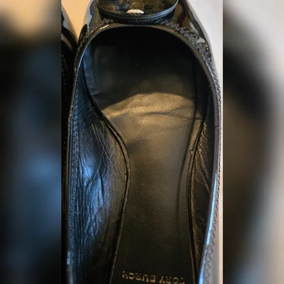 Tory Burch Minnie Ballet Flat Patent Black Leather Shoes Logo Size 8M