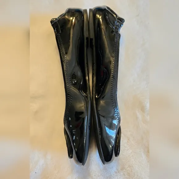 Tory Burch Minnie Ballet Flat Patent Black Leather Shoes Logo Size 8M