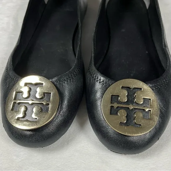 TORY BURCH Minnie Ballet Flats Black Leather Slip On Gold Medallion Logo Shoes 8