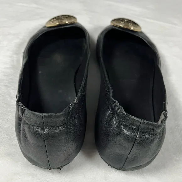 TORY BURCH Minnie Ballet Flats Black Leather Slip On Gold Medallion Logo Shoes 8
