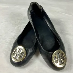 TORY BURCH Minnie Ballet Flats Black Leather Slip On Gold Medallion Logo Shoes 8
