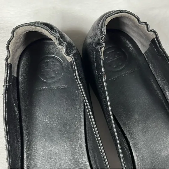 TORY BURCH Minnie Ballet Flats Black Leather Slip On Gold Medallion Logo Shoes 8