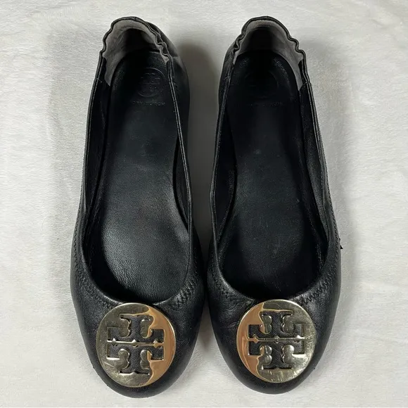 TORY BURCH Minnie Ballet Flats Black Leather Slip On Gold Medallion Logo Shoes 8