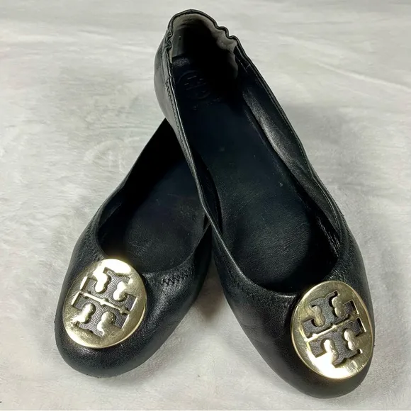 TORY BURCH Minnie Ballet Flats Black Leather Slip On Gold Medallion Logo Shoes 8