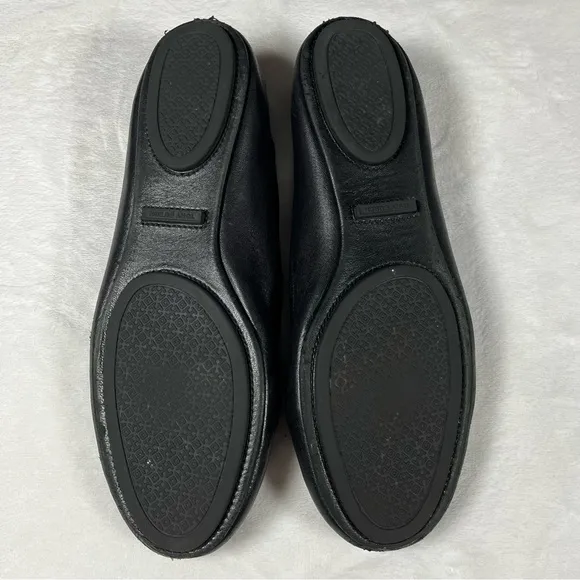 TORY BURCH Minnie Ballet Flats Black Leather Slip On Gold Medallion Logo Shoes 8