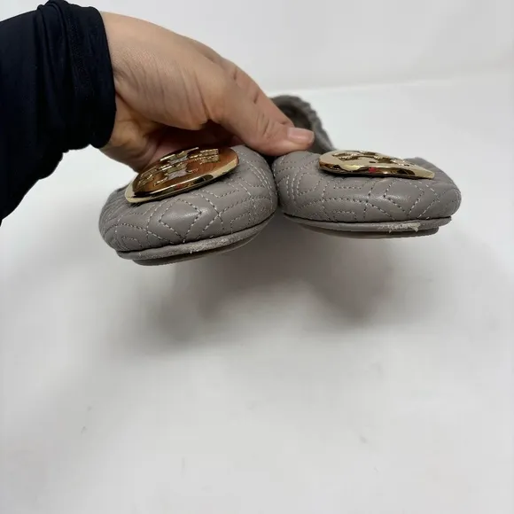 Tory Burch Minnie Quinn Quilted Travel Ballet Flats Taupe Gold Size 9