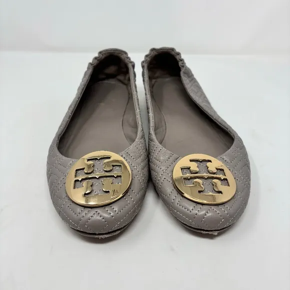Tory Burch Minnie Quinn Quilted Travel Ballet Flats Taupe Gold Size 9