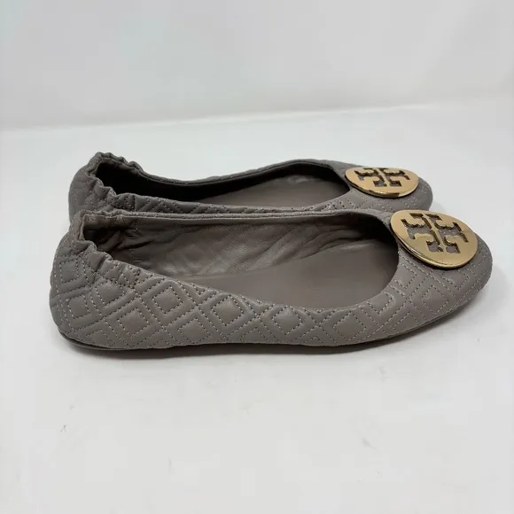 Tory Burch Minnie Quinn Quilted Travel Ballet Flats Taupe Gold Size 9