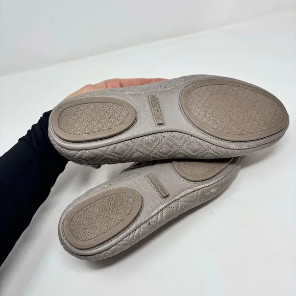 Tory Burch Minnie Quinn Quilted Travel Ballet Flats Taupe Gold Size 9