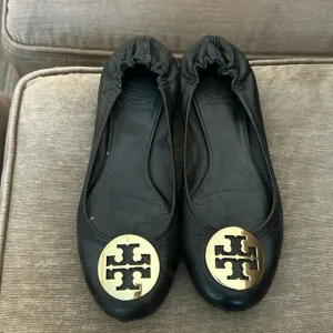 Tory Burch Minnie Travel Ballet Flat Black and Gold size 7.5
