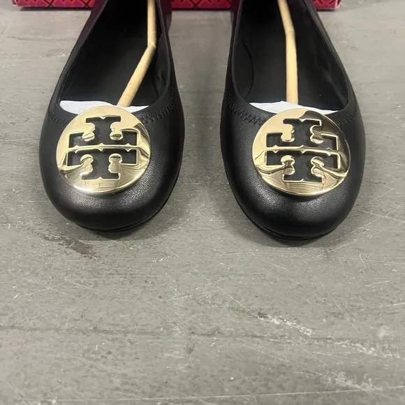 Tory Burch Minnie Travel Ballet Flats Black Gold Slip Leather Womens Size 8.5