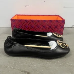 Tory Burch Minnie Travel Ballet Flats Black Gold Slip Leather Womens Size 8.5