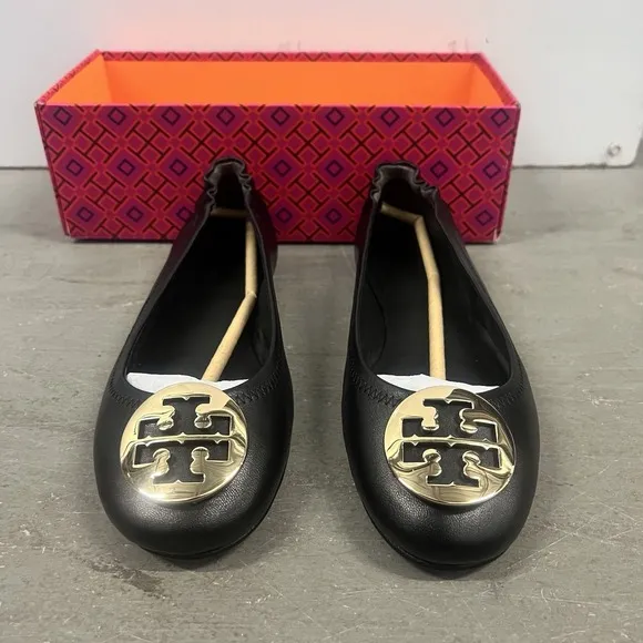 Tory Burch Minnie Travel Ballet Flats Black Gold Slip Leather Womens Size 8.5