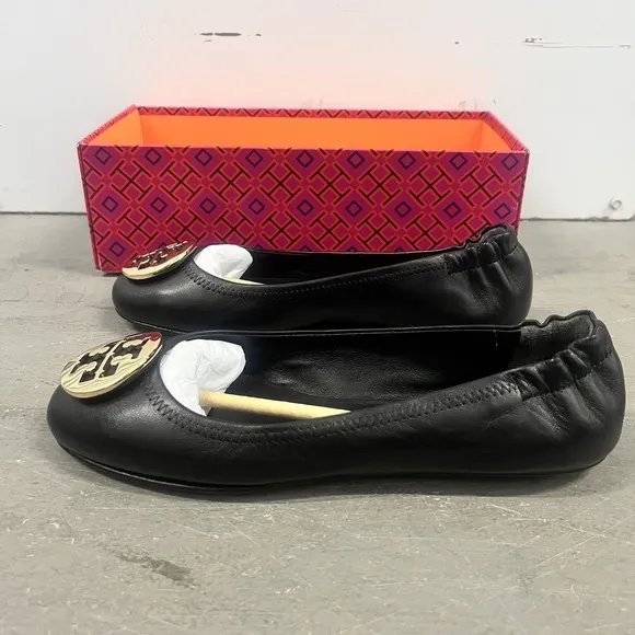 Tory Burch Minnie Travel Ballet Flats Black Gold Slip Leather Womens Size 8.5