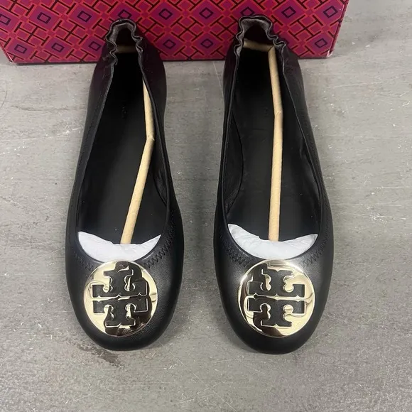 Tory Burch Minnie Travel Ballet Flats Black Gold Slip Leather Womens Size 8.5