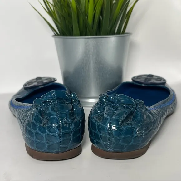Tory Burch Minnie Travel Ballet Flats Croc Embossed Leather Blue/Teal Size 6