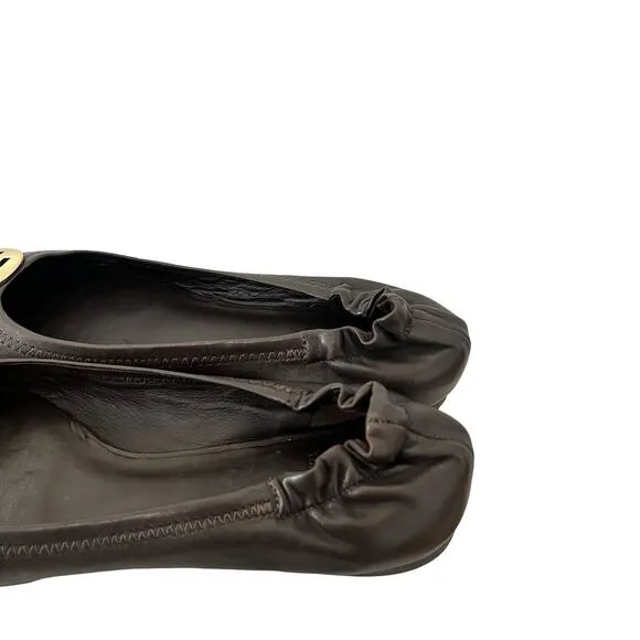 Tory Burch Minnie Travel Ballet Flats Size 9.5 Brown Leather Logo Old Money
