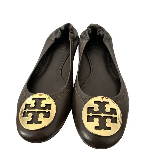 Tory Burch Minnie Travel Ballet Flats Size 9.5 Brown Leather Logo Old Money