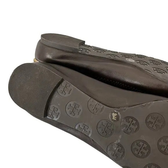 Tory Burch Minnie Travel Ballet Flats Size 9.5 Brown Leather Logo Old Money