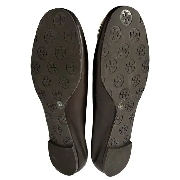 Tory Burch Minnie Travel Ballet Flats Size 9.5 Brown Leather Logo Old Money