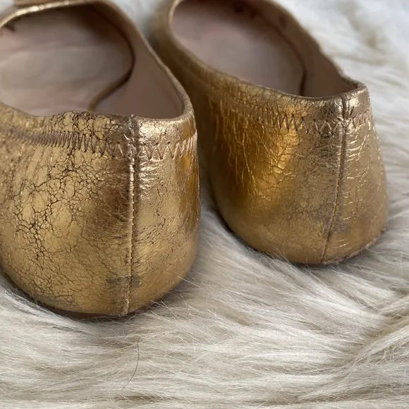 Tory Burch MINNIE TRAVEL BALLET Gold Flats sz 8M- Preowned