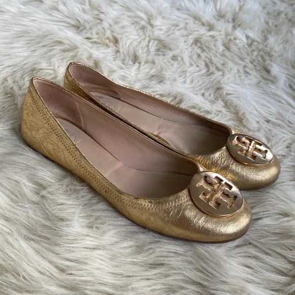 Tory Burch MINNIE TRAVEL BALLET Gold Flats sz 8M- Preowned
