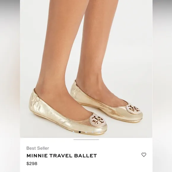 Tory Burch MINNIE TRAVEL BALLET Gold Flats sz 8M- Preowned