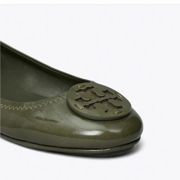 Tory Burch Minnie Travel Ballet Patent Leather Travel Flats, Moss Sz. 8M