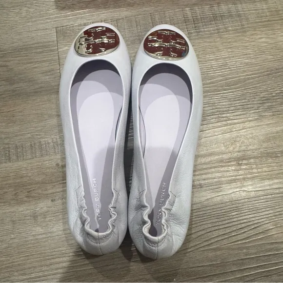 Tory Burch Minnie Travel Ballet Purple Leather Silver Logo Ballet Flats