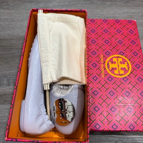 Tory Burch Minnie Travel Ballet Purple Leather Silver Logo Ballet Flats