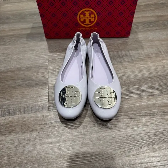 Tory Burch Minnie Travel Ballet Purple Leather Silver Logo Ballet Flats