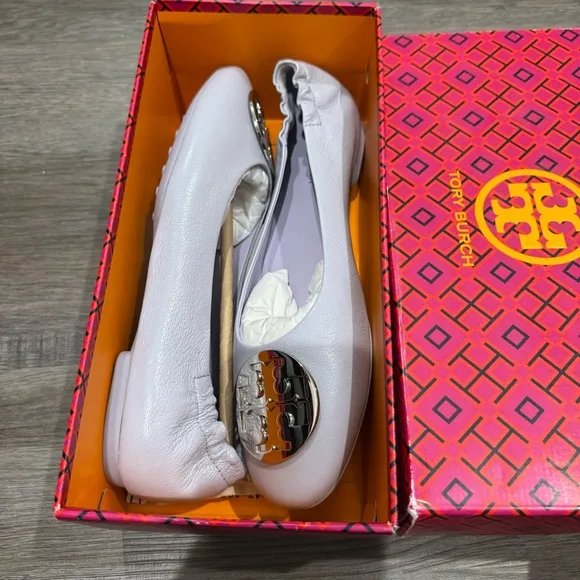 Tory Burch Minnie Travel Ballet Purple Leather Silver Logo Ballet Flats