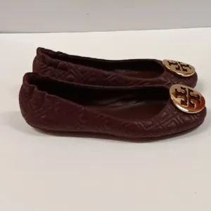 Tory Burch Minnie Travel Quilted Burgundy Leather Logo Ballet Flats