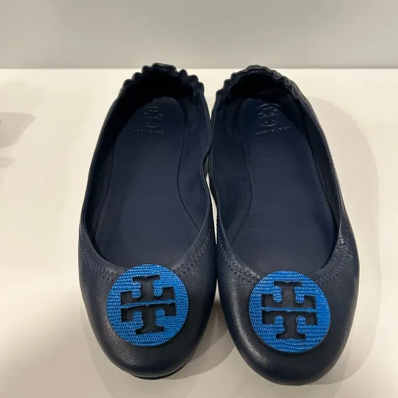 Tory Burch Navy Blue Minnie Travel Ballet Flats