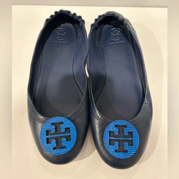 Tory Burch Navy Blue Minnie Travel Ballet Flats