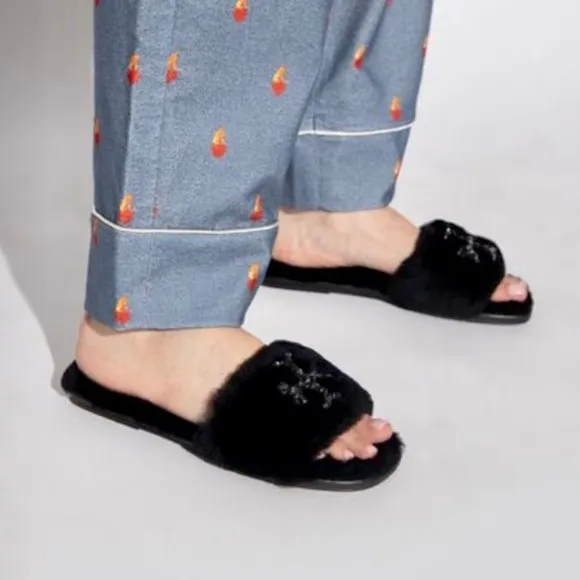 Tory Burch NWT Double T black shearling jeweled slides SZ 6.5M