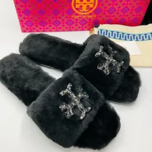 Tory Burch NWT Double T black shearling jeweled slides SZ 6.5M